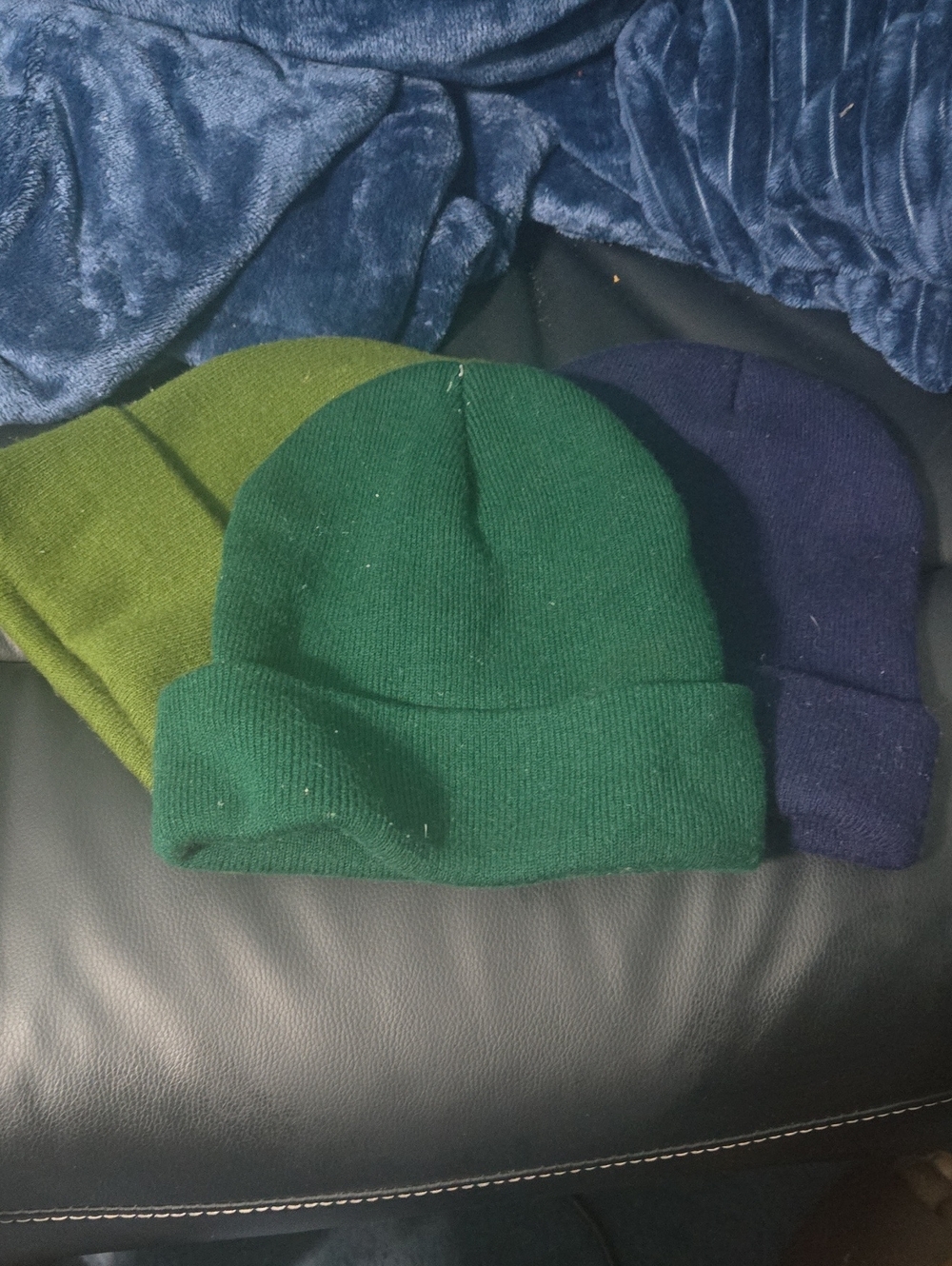 3 Mens Classic Knit Beanies - Green Army Green And Blue